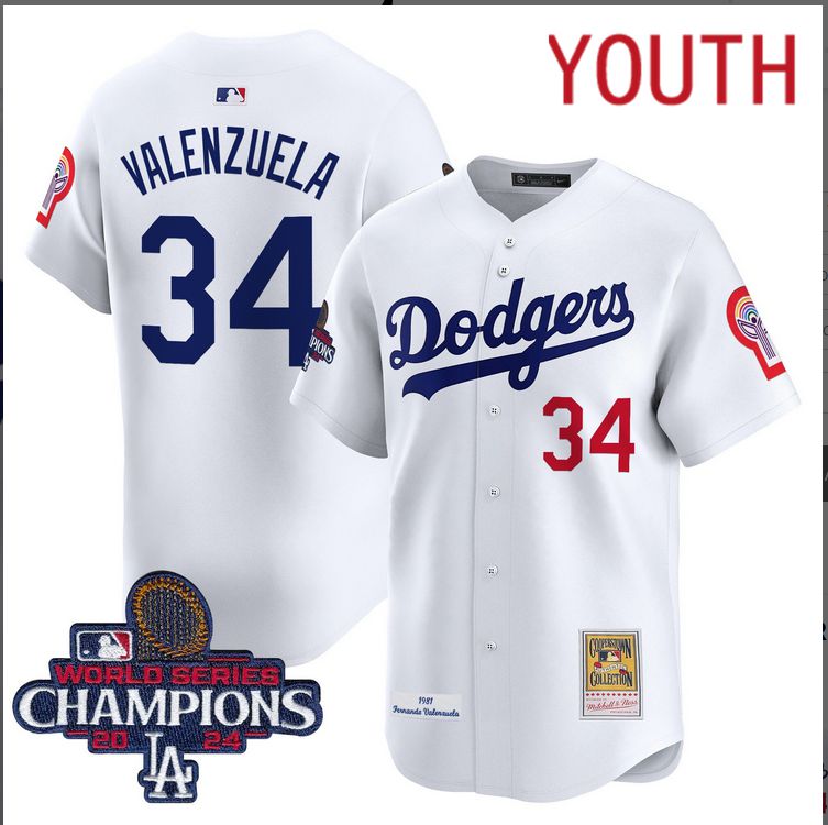 Youth MLB Los Angeles Dodgers #34 Valenzuela white 2024 World Series Champions Patch Cooperstown Jersey 